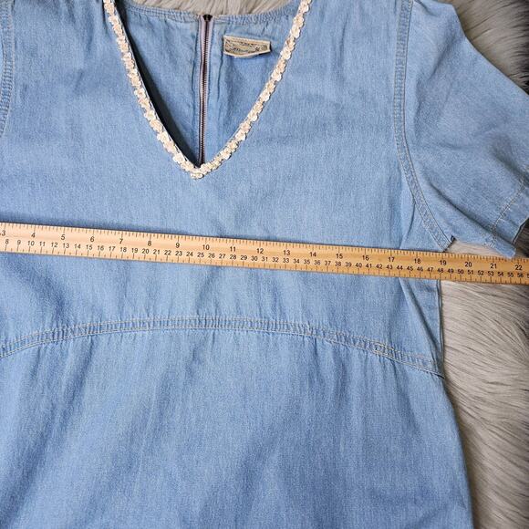 🦃Vintage Monique Fashions Chambray Denim Maxi Dress Floral Embroidered Size 10 - Picture 9 of 9